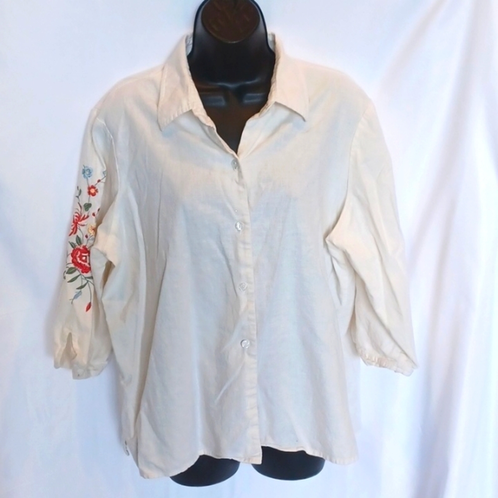BLAIR cream button blouse with embroidered design sleeve, pit to pit is 22"